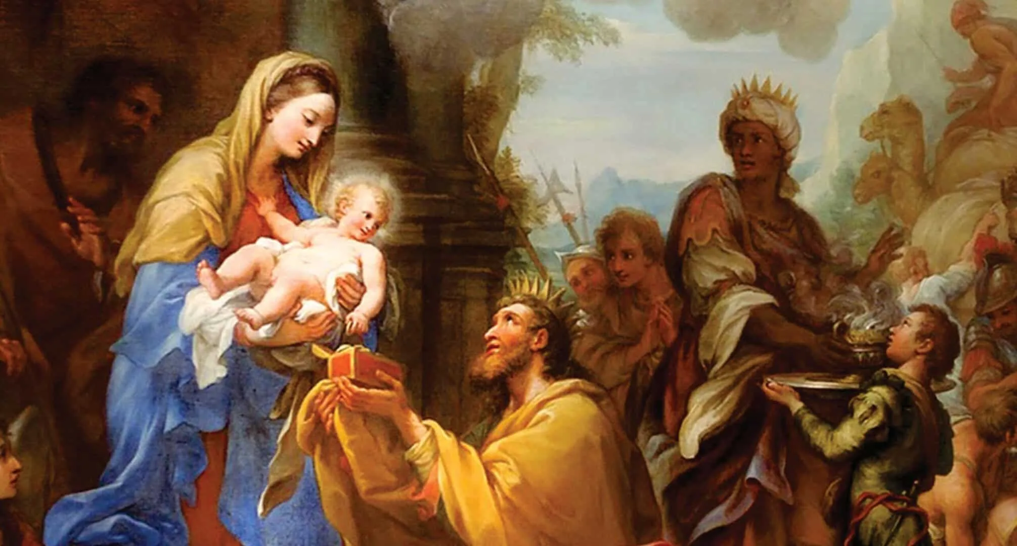 Classical painting of the Nativity scene with Mary, baby Jesus, and kings.