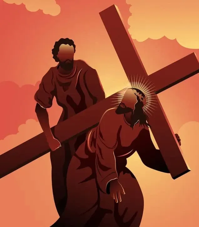 Cyrenian Way Retreat Religious artwork depicting Jesus carrying the cross with a man behind him at sunset.