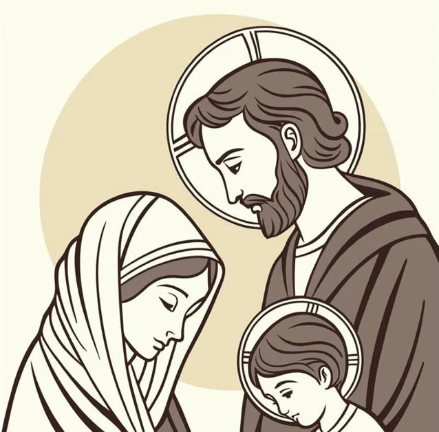 Family is the Path to Sanctity Religious depiction of Jesus with Mary and child, symbolizing family and sanctity.