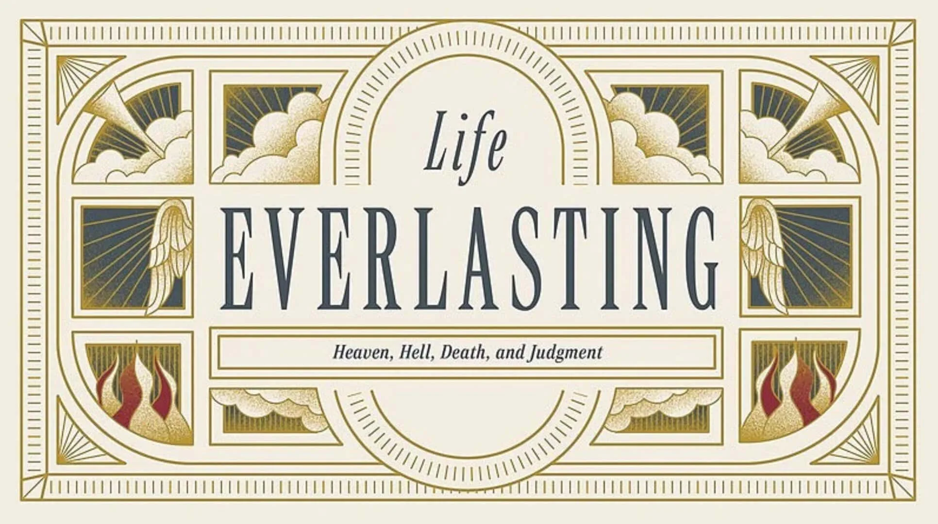 Book cover titled 'Life Everlasting' with clouds, angels, and flames design.