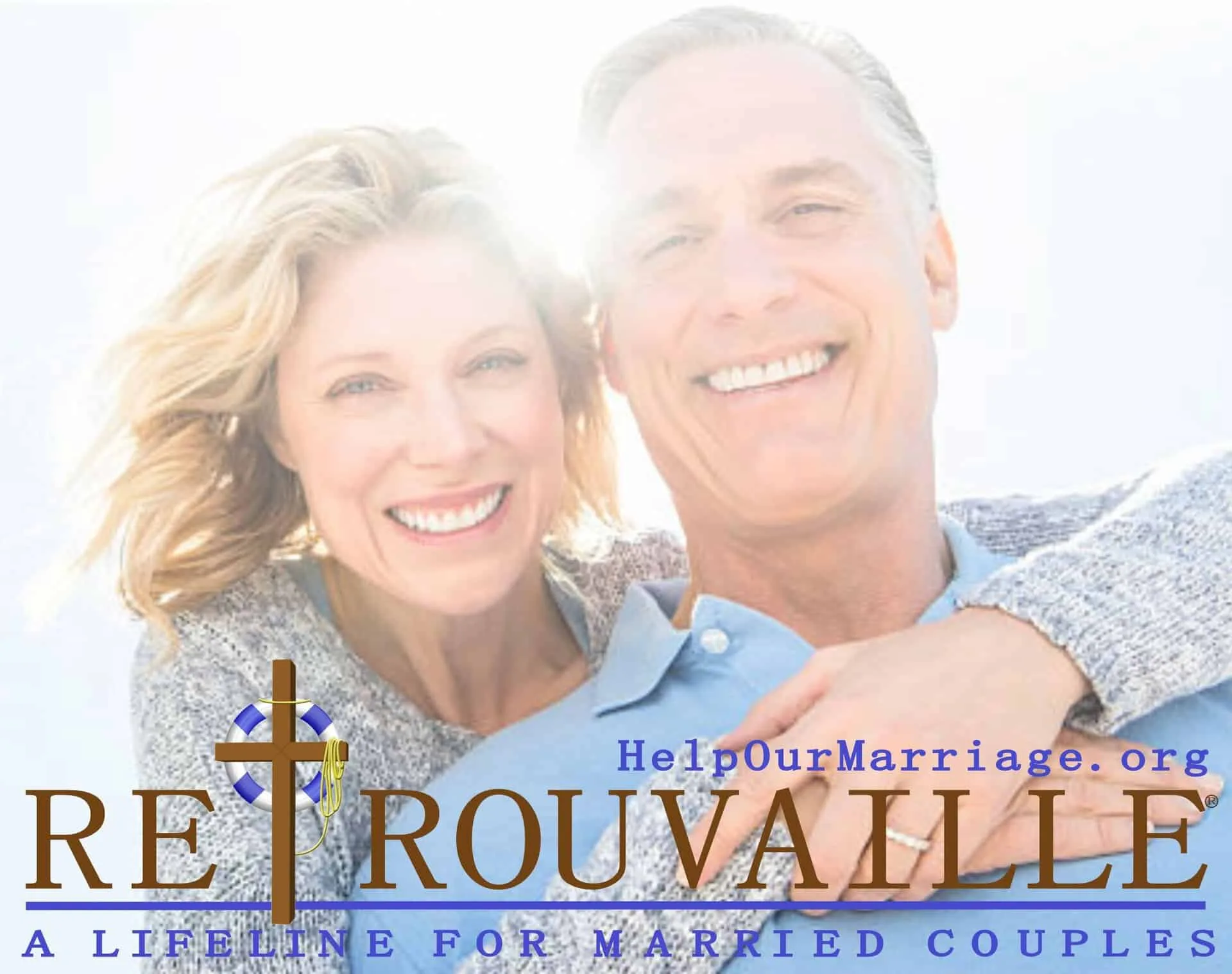 Happy married couple smiling outdoors for Retrouvaille support program.