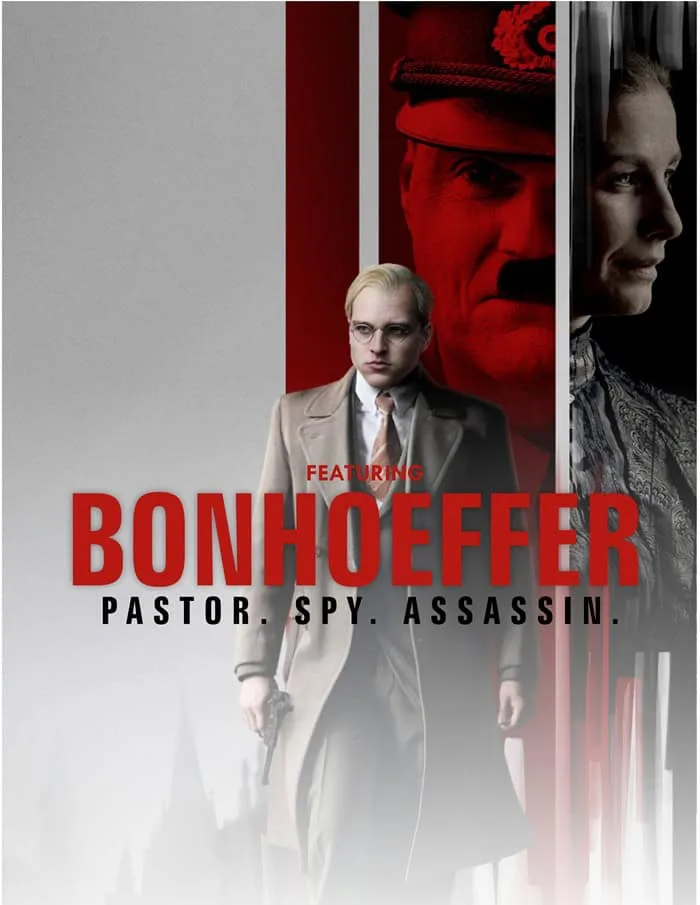 The Good News Center Special Events Promotional poster for Bonhoeffer event with pastor, spy, assassin theme.