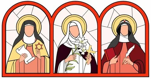 Not to the East but to the West Three stained glass windows depicting female saints with religious symbols.
