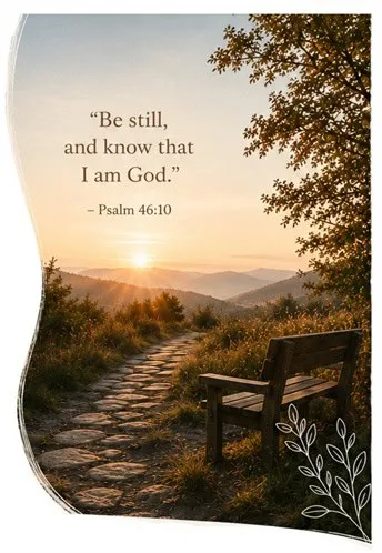 Spiritual Direction Sunset over a peaceful mountain trail with a bench and inspirational quote.